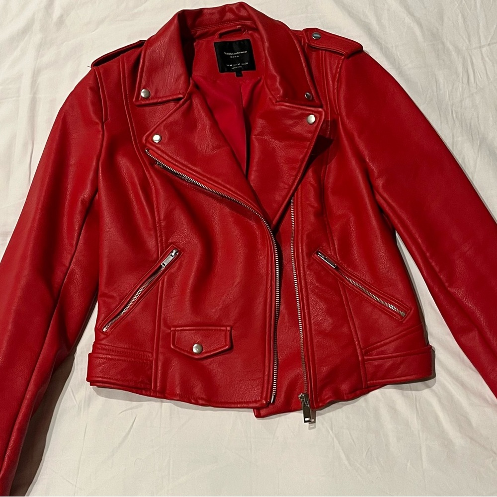 Zara TRF red pleather biker jacket.